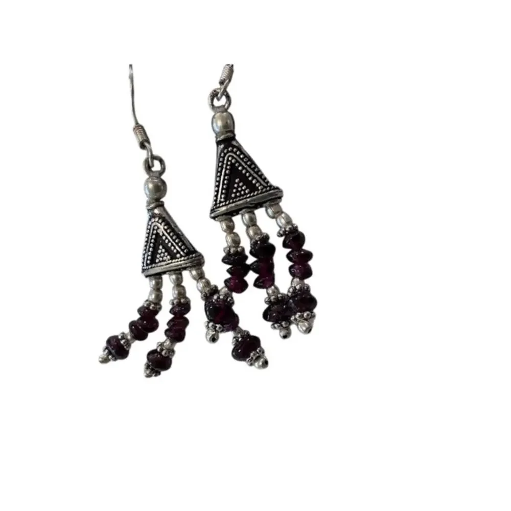 Vintage Sterling Silver Garnet Tassel Earrings Triangle Dangle Tribal Boho